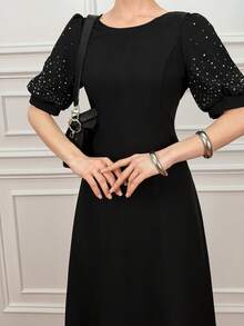 DAZY Women's Round Neck Rhinestone Embellished Short Sleeve Waist Cinched Elegant Long Dress Spring Sundress - Black - View 1