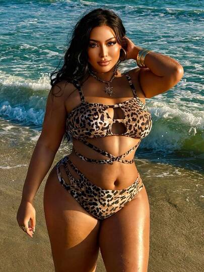 Swim SXY 2pcs Plus Size Women Leopard Print Spaghetti Strap Tie Hem Triangle Bikini Set, Sexy Vacation Swimsuit Summer Bikinis Summer 2026 Christmas Clothes New Year Clothes Party Clothes Beach Outfit For Women Casual Clothes