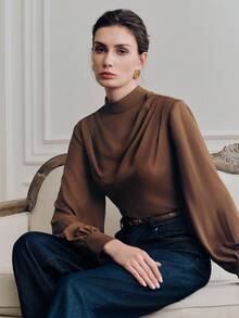 Anewsta Blusa de manga larga con diseño de cuello swing elegante y de alta calidad para mujeres - Café integral - Ver 1