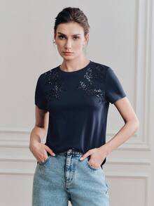Anewsta Women's Elegant Sequin Embroidered Short Sleeve T-Shirt, Fitted Crew Neck Knit Top, Casual Office Wear - Navy Blue - View 4