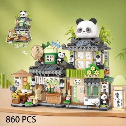 城市咖啡熊猫茶馆积木玩具，可打开的熊猫建筑茶馆拼装玩具，迷你街景积木，创意积木盒街景，万圣节、生日、圣诞节礼物，迷你积木，860+块