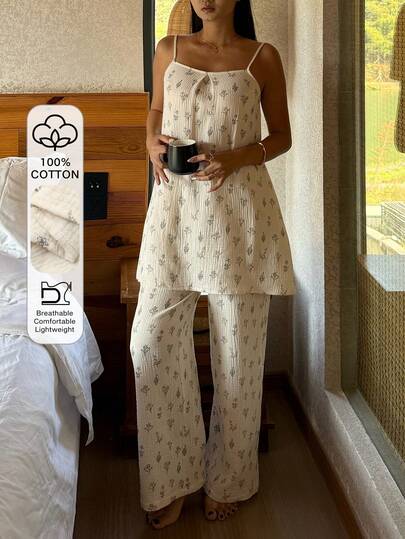 DAZY 花卉雪纺长款吊带背心和宽松睡裤女士睡衣套装