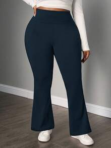 SHEIN PETITE CURVE Quần legging ống loe có túi, quần bó cạp cao, chất liệu thun co giãn, màu đen trơn, mặc nhà, thoải mái khi đi học, mặc nhà, tập yoga, hoạt động ngoài trời cỡ lớn dành cho nữ, thu đông - Xanh đậm - Xem 4