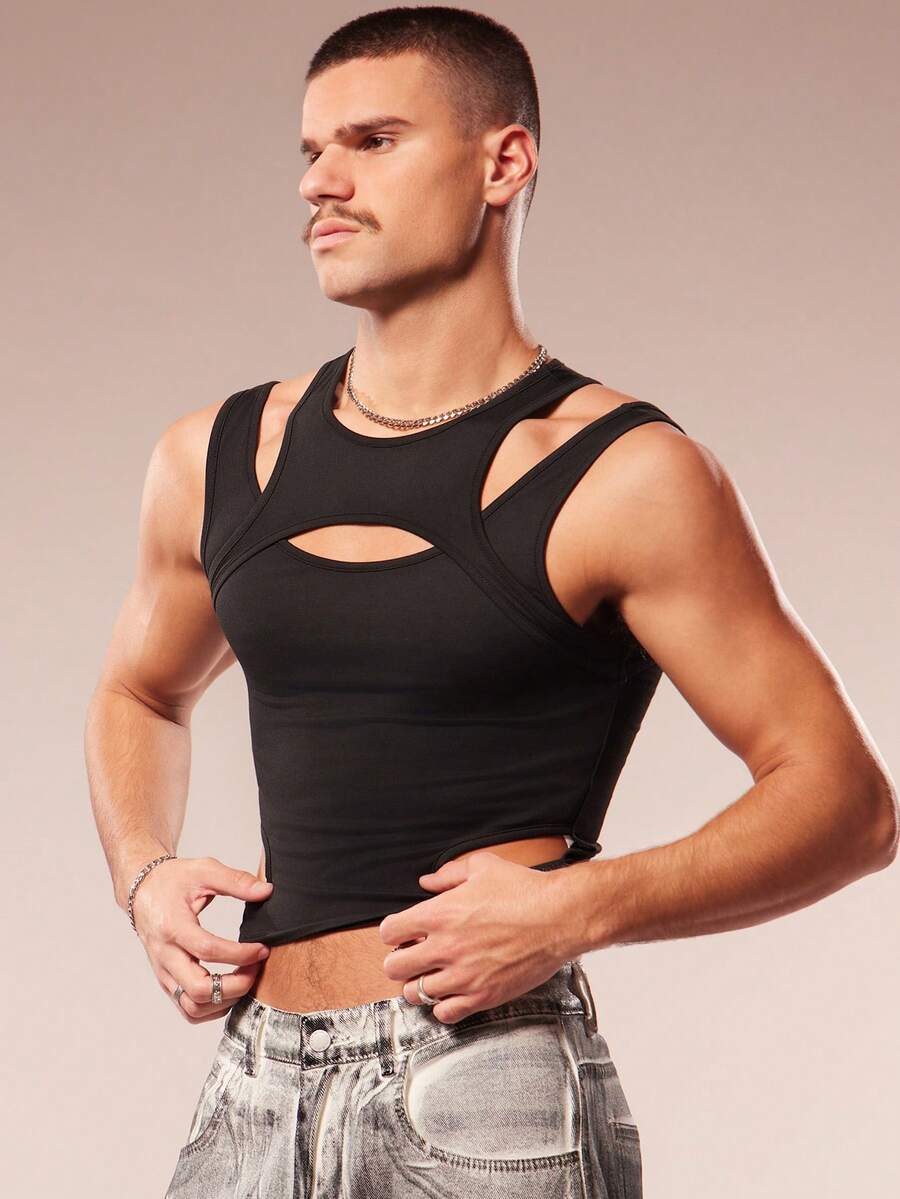 Men's Fashion Solid Color Hollow-Out 2 In 1 Tank Top Men Sexy Top Men S Muscle Shirts - Black - View 1