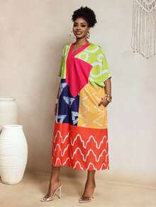 BamGleam Women's Geometric Print V-Neck Batwing Sleeve Casual Loose Mid-Length Dress - Multicolor - View 3