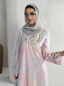 Al Najma Women's Round Neck Lace Patchwork Tie-Dye Elegant Waist Gathering Party Arabic Style Long Sleeve Dress - Pink - View 2