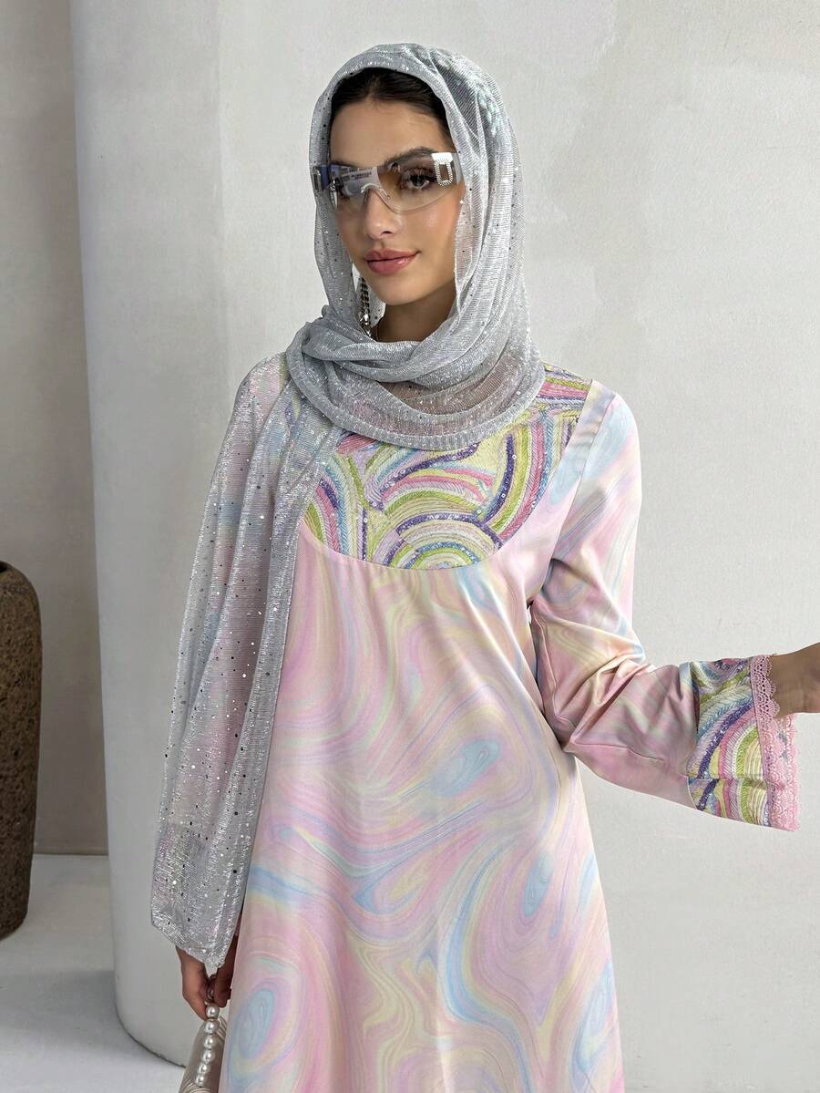 Al Najma 女士圆领蕾丝拼接扎染优雅束腰阿拉伯风格长袖连衣裙 - 粉色 - 查看 1