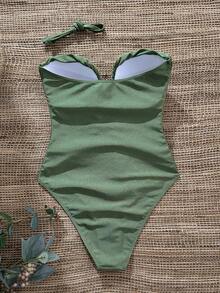 Swim Chiccia Áo tắm liền thân nữ màu trơn cổ chữ V sâu, xếp ly, đính ngọc trai, thích hợp cho mùa xuân/hè. - xanh quân đội - Xem 6