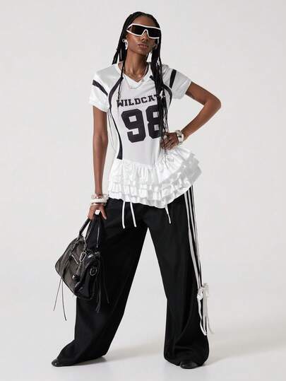 ROMWE Avant Top da donna kawaii e carino con stampa sportiva dolce, decorato con strass e perle, con volant sul fondo