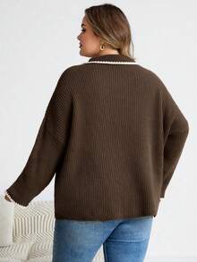 SHEIN CURVE+ Large Casual Contrasting Dog Tooth Edge Lapel V-Neck Women's Pullover Sweater Autumn Winter Clothes For Women - Brown - View 2