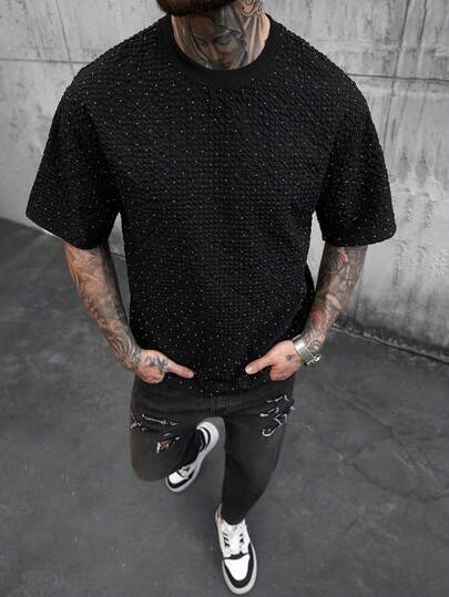 SLATEMANN 男士T恤，成熟街头风面料，针织金属线和水钻装饰，时尚百搭，适合日常穿着