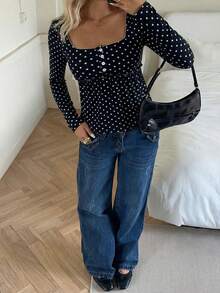 SHEIN EZwear 女士白色波点修身长袖T恤 - 黑色 - 查看 5