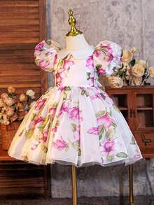SHEIN Glamorique Kids Glamorique 女童花卉腰部泡泡袖薄紗優雅派對生日洋裝，適合四季婚禮白色與粉色夏季 - 彩色 - 查看 8