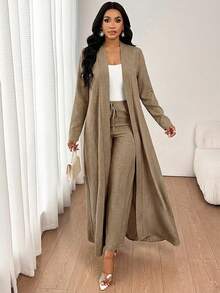 SHEIN Lady 女士纯色长袖外套和系带长裤优雅两件套 - 卡其色 - 查看 6
