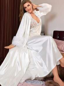 Slumberist Lace-Panel Satin Slip Dress And Double-Layer Fuzzy Cuff Belted Robe Pajama Set White Set, Fall Winter Clothes