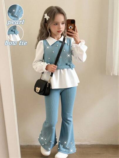 女童休闲衬衫套装，卡其色蝴蝶结设计，串珠针织罗纹面料，白色长袖荷叶边衬衫上衣搭配卡其色珍珠喇叭裤，两件套，适合返校、休闲、时尚、甜美、舒适，也适合户外旅行。