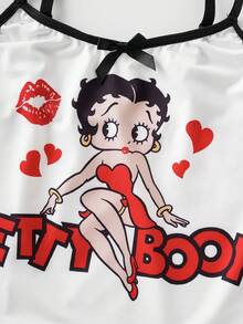 Betty Boop x SHEIN Bộ đồ nữ thoải mái, mềm mại, in hình hoạt hình gồm áo hai dây và quần lót. - màu đen - Xem 5