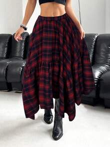 SHEIN EZwear Chân váy kẻ caro vạt lệch cho nữ cỡ lớn, thích hợp cho đầu thu. - Đỏ - Xem 4