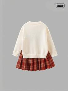 Sweetra 女童蝴蝶结提花针织套头衫，复古宽松柔软针织毛衣，红色格子百褶裙，适合万圣节、圣诞节、返校季