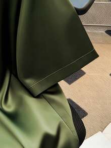 GlowEve CURVE Plus Size Silk Satin Elegant High-End Business Commute Metallic Flower Button Front Short Sleeve Blouse Satin Shirt Silk Shirt Green Shirt Women Satin Blouses For Women Green Blouses - Green - View 3