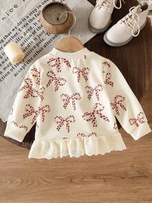 SHEIN Vintaside Kids Áo nỉ in họa tiết thêu, viền bèo nhún thời trang cho bé gái - Màu be - Xem 2
