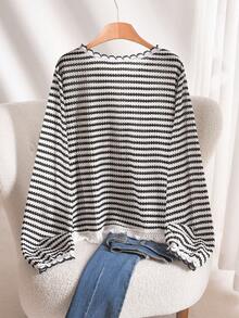 CosyJoli Plus Size Black And White Striped Long Sleeve Knitted T-Shirt With Rib-Knit Details And Round Neck - Black and White - View 2