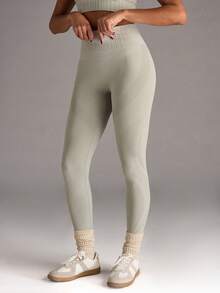 SHEIN BAE Bộ đồ tập yoga thể thao cổ tròn và quần legging có gân cho nữ - Màu Xám nhạt - Xem 7