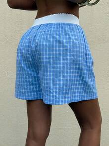 Muchica Women's Summer New Plaid Casual Loose Shorts Blue Shorts Women Blue Checkered Shorts - Blue - View 2