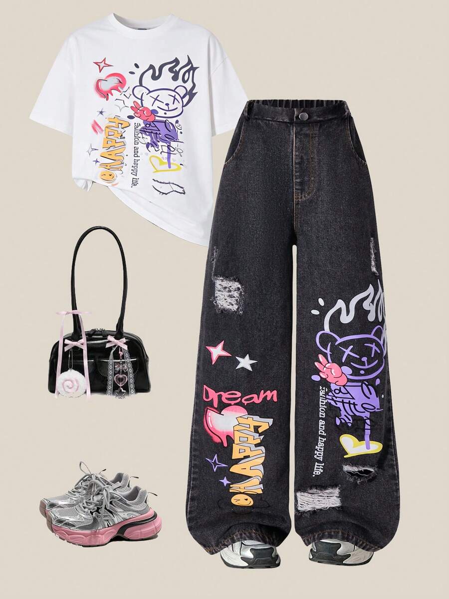 SHEIN ChillGRL 少女印花休闲牛仔裤,适合外出、度假、返校穿着,可搭配长袖卫衣、夹克、棉质外套。 - 黑色 - 查看 1