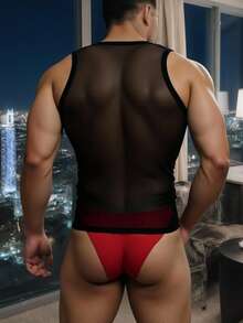 WENEZON Men's Sheer Mesh Sleeveless Shapewear Top - Black - View 2