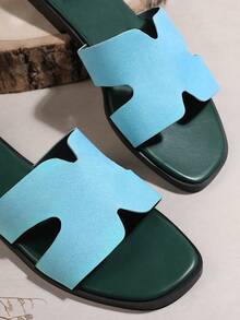 SHUZIA Dép lê nữ tối giản, hở mũi, đế bằng mỏng, kiểu dáng cơ bản, dùng hàng ngày, chất liệu PU, màu xanh dương. - Màu xanh lam - Xem 4