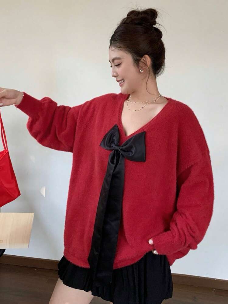 Dazy Plus Valentine Fashionable Red New Year & Christmas Patchwork Big Bow V-Neck Sexy & Casual Loose Pullover Sweater, Autumn/Winter