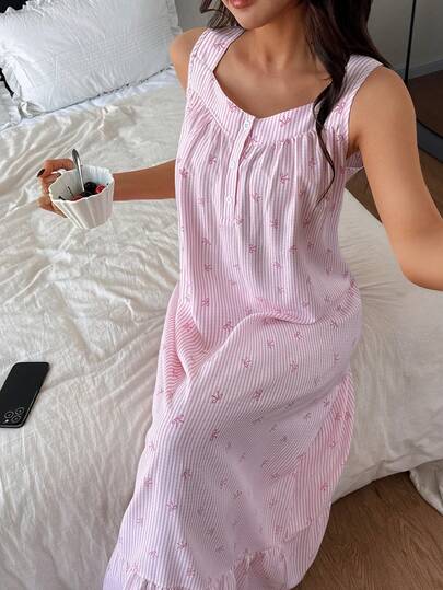 SHEIN Napfluff Ruffled Hem Striped Bow Print Sleeveless Cute Women Nightgown