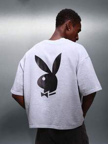 PLAYBOY X SUMWON Logo Bunny Print Short Sleeve Boxy Fit Crew Neck T-Shirt For Casual Everyday Wear Summer Spring Lightweight Comfort - Grey - View 4