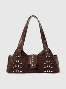 ROMWE Grunge Punk Fashion Leopard Print Studded Beaded Single Shoulder Tote Bag - Coffee - View 1