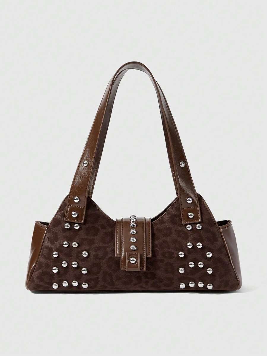 ROMWE Grunge Punk Fashion Leopard Print Studded Beaded Single Shoulder Tote Bag - Coffee - View 1