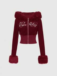 ROMWE J-Fashion 2件套Y2K风格天鹅绒水钻装饰卫衣套装，女士秋冬款 - 酒紅色 - 查看 8