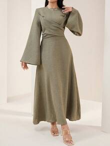 Veilorie New Design Wrap Tie Waist Casual Striped Dress, Versatile For Daily Wear And Vacation - Army Green - View 3