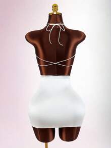 Amplova Vestido mini sexy de mujer con cuello halter cruzado y espalda descubierta de unicolor - Blanco - Ver 11