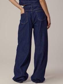 MUSERA 系带阔腿水洗牛仔裤，春季少女风，日常穿搭，可爱休闲，甜美豌豆夏季款 - 藏蓝色 - 查看 3