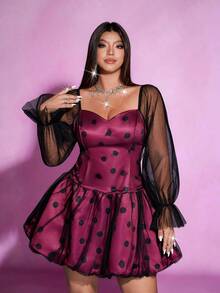 Viva Relle Valentine Plus Size Polka Dot Mesh Puff Dress, Sweet & Charming French Style, Suitable For Christmas Red Party - Hot Pink - View 2