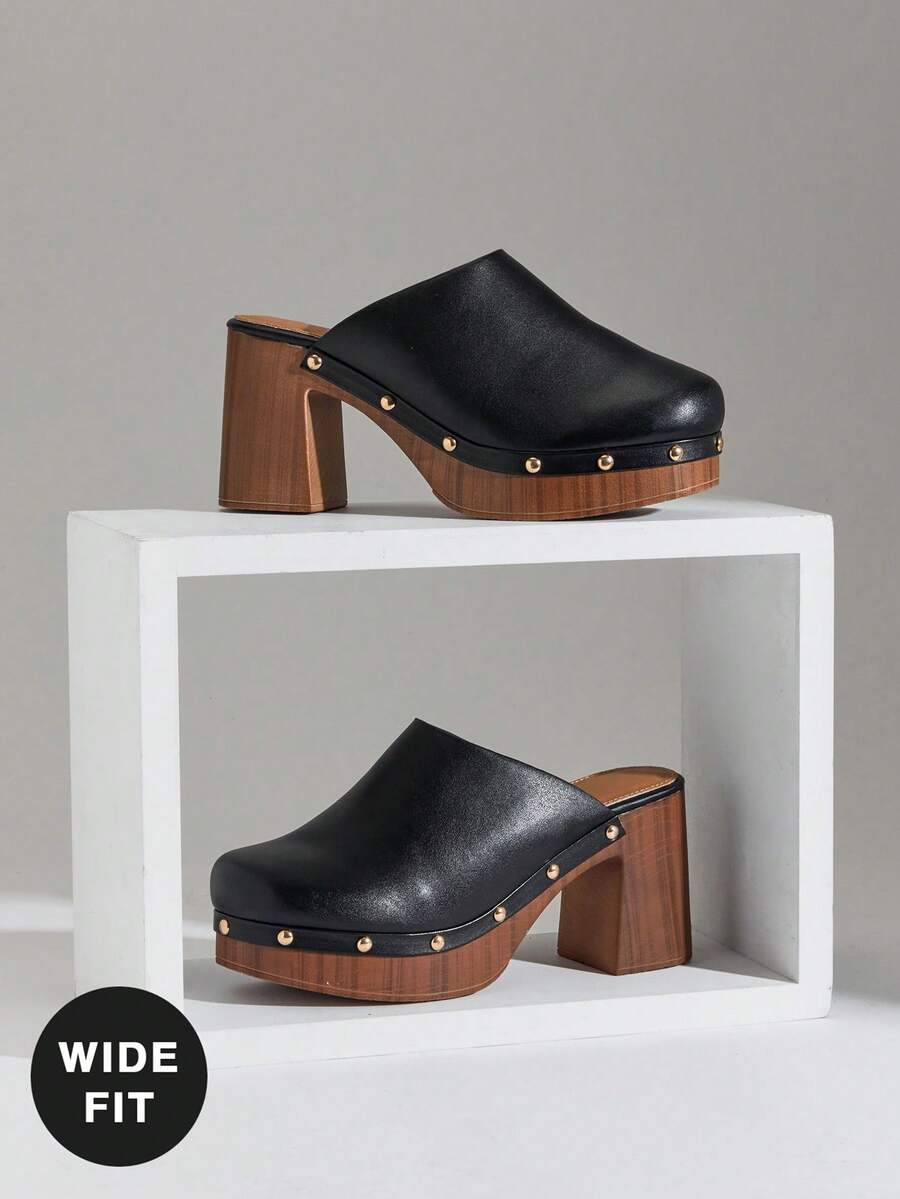 SHUZIA Women's Wide-Fit Thick Heel Fashion And Comfortable Slip-On Mules