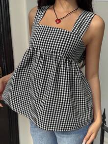 SHEIN EZwear 女士夏季度假休闲格子印花吊带背心 - 黑與白 - 查看 3