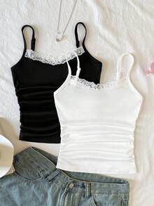 SHEIN 2件装女童基本款简约舒适休闲蕾丝边V领褶皱吊带背心，黑白两色，弹力针织面料，法式蕾丝芭蕾舞风格 - 黑與白 - 查看 2