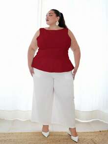 Pretty and Ole Blusa Regata Feminina Plus Size de Cor Sólida com Amarração na Cintura e Costas Abertas - Vinho - Visão 3