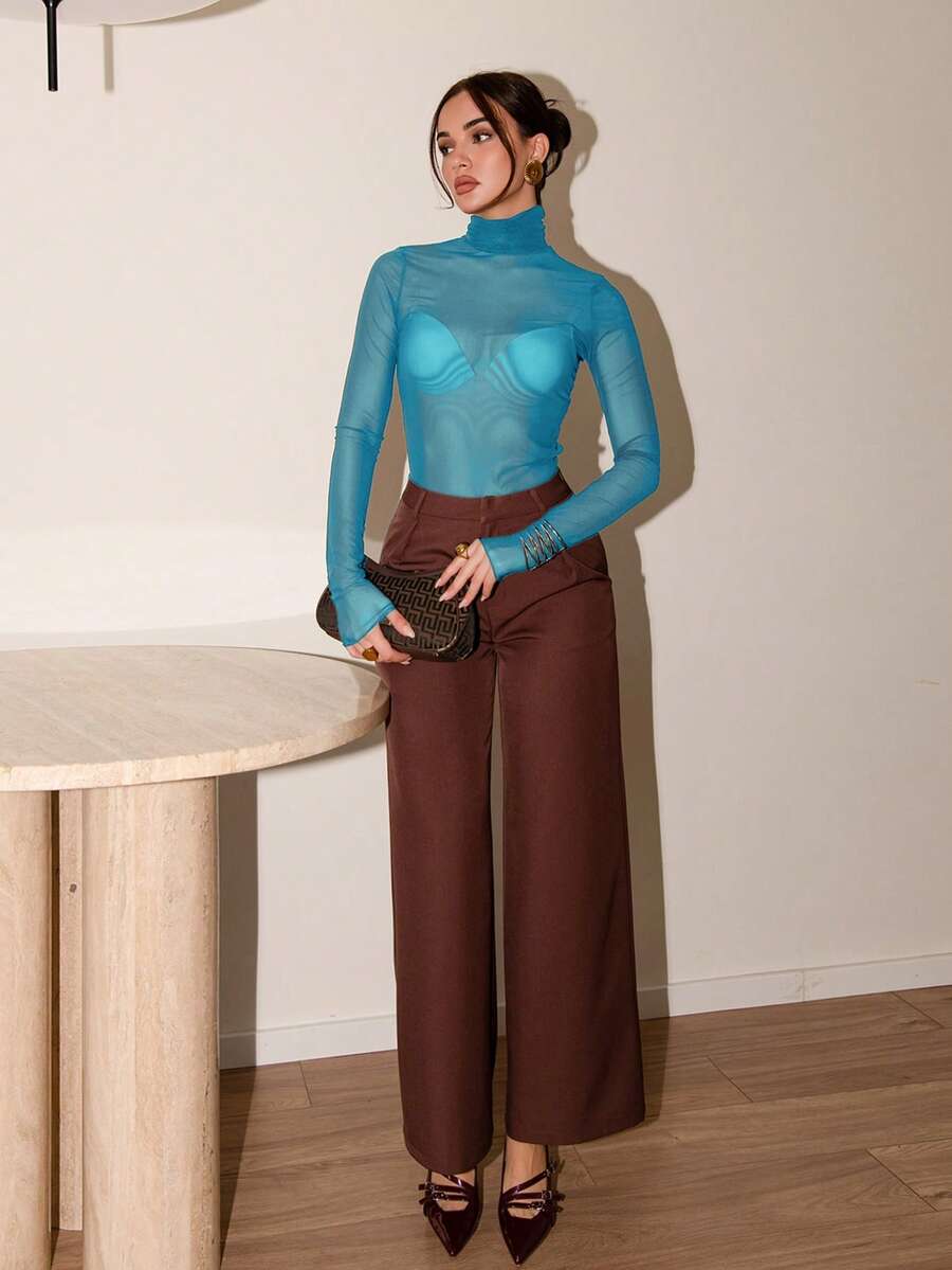 Bris Aura 女式透明网眼高领衬衫，简约百搭秋季商务休闲办公装 - 藍色 - 查看 1