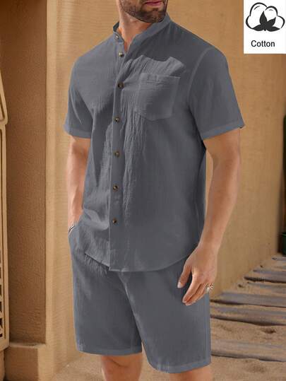 HIMLAND Men's Solid Color Mandarin Collar Short Sleeve Button Front Casual Shirt Set Outfit  Summer Wardrobe Essentials Casual Outfit Ideas Laid-Back Look Flowy Beach Pants Casual Long Pants   Multi-Piece Set  Daily Essential Wardrobe Staple Basic Style All-Match Style Go-To Piece Mix-And-Match Item Casual Versatile Style Men Casual Top And Bottom Set