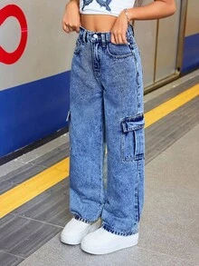 SHEIN Tween Girl Casual Baggy Denim Pants With Flap Pockets And Contrast Stitching Details Straight Leg Cargo Jeans,For Spring And Summer Fall Winter - Medium Wash - View 4
