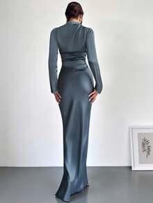 Firerie Women's Elegant Office Commute Blue Satin Long Sleeve Pleated Collar Irregular Hem Blouse And High Waist Pleated Maxi Skirt Set, Romantic, Date, Party, Wedding Season, Graduation Dress, Formal Ball - Blue - View 5