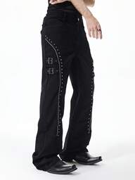 Street Life Men's Rivet Decor Buckle Straight Leg Jeans